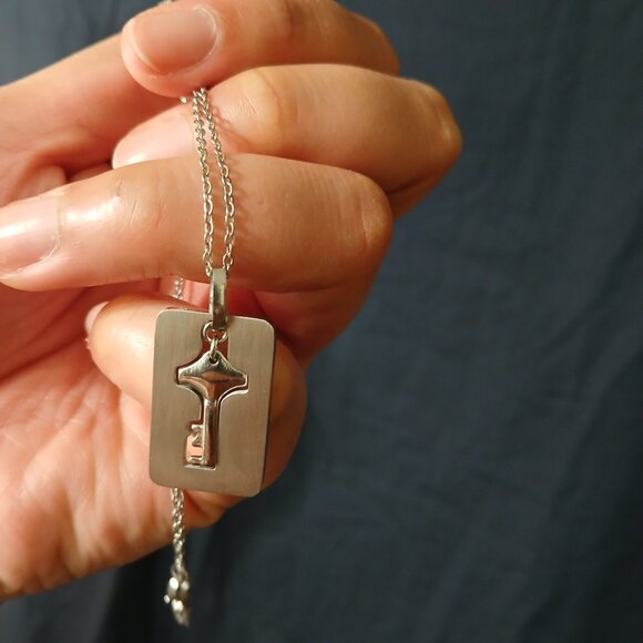 Forever Love Lock & Key Couple's Set- Silver Tone Bangle Bracelet & Key Necklace - Picture 3 of 4